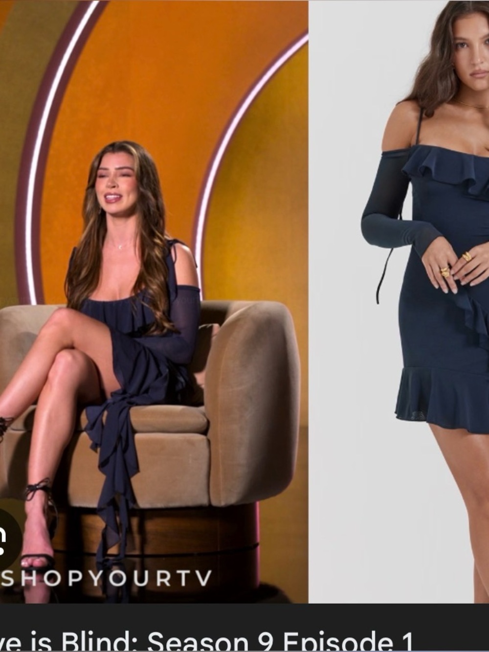 House of CB Kiki Navy Blue Asymmetrical Ruffle Off-Shoulder Dress long sleeve